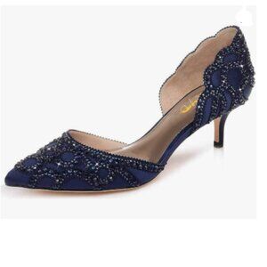 XYD Navy Women's Pointed Toe D'Orsay Kitten Heel Rhinestone Studs Slip-On Pumps